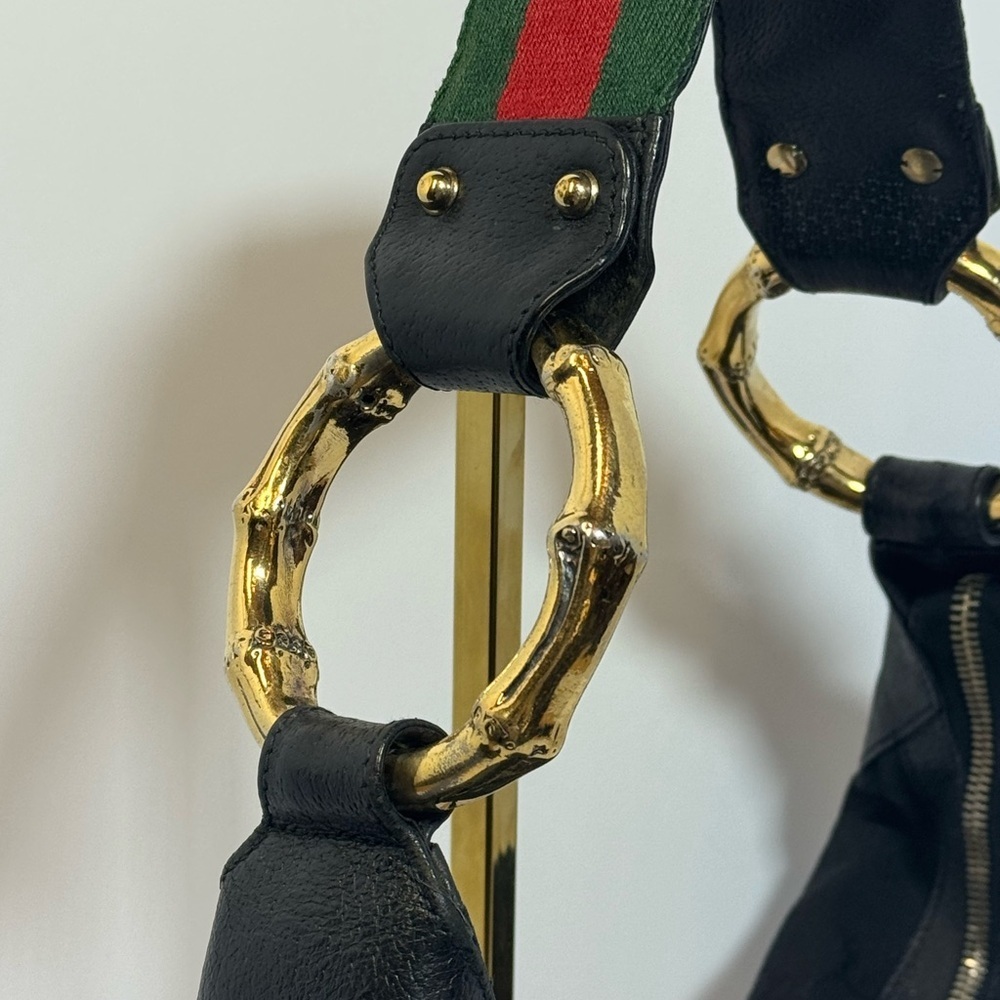 AUTHENTIC Gucci Black Crescent Bag w/Green & Red Stripe & Gold Bamboo Rings - Picture 5 of 11